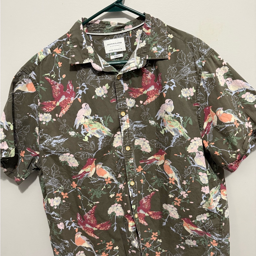 Denim & Flower Green Casual Button Down Shirt with Floral Bird Print